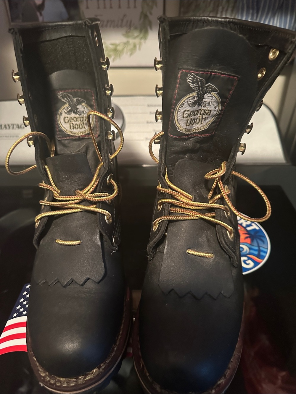 Georgia Boot Black Leather Work Boots with Gold Laces and Patch